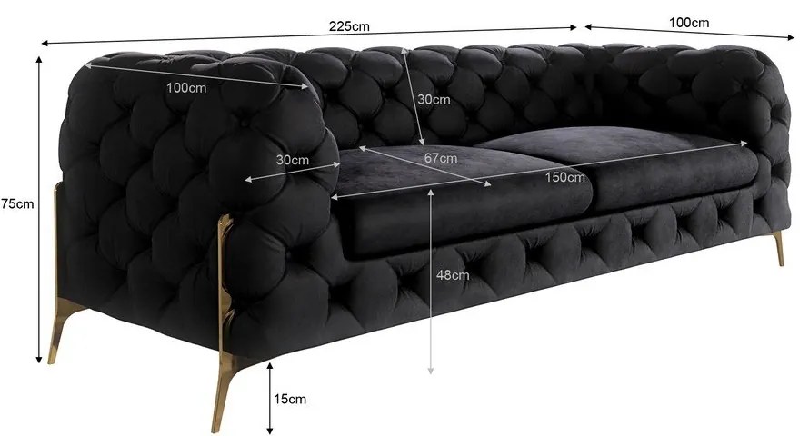 Fekete bársony kanapé 225 cm Chelsea Bis – Ropez