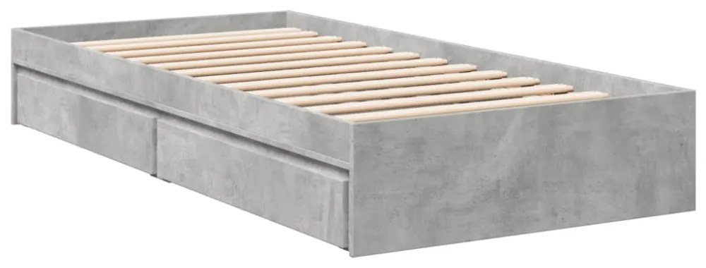 betonszürke szerelt fa ágykeret fiókokkal 75 x 190 cm