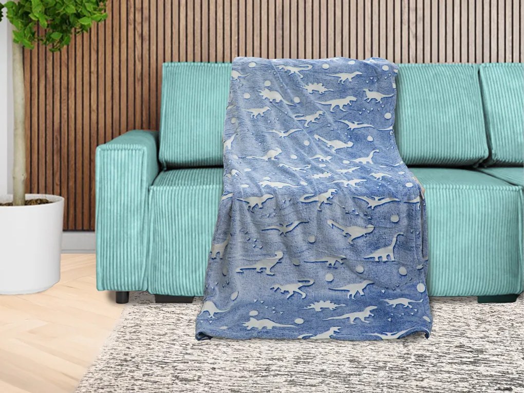 DINO BLUE kék világító mikroflanel takaró 150x200 cm
