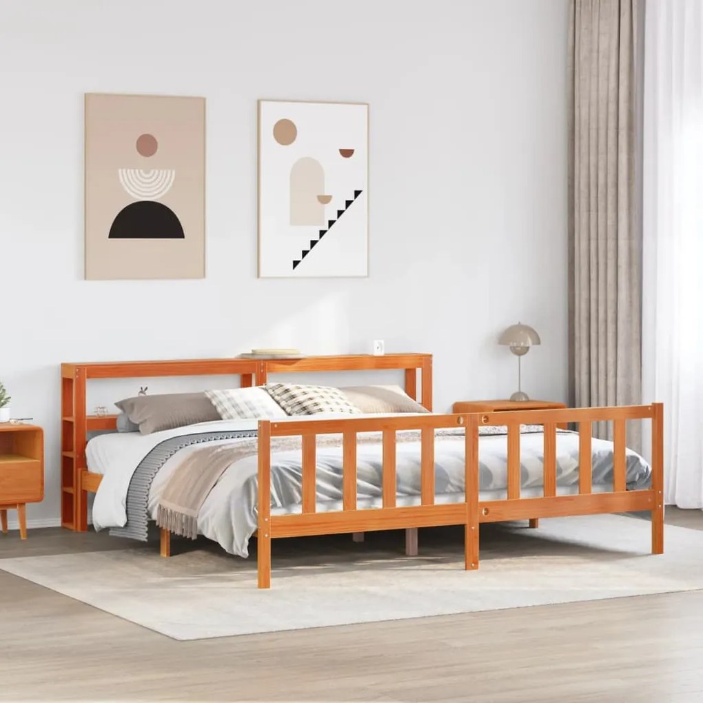 viaszbarna tömör fenyőfa ágykeret fejtámlával 200 x 200 cm
