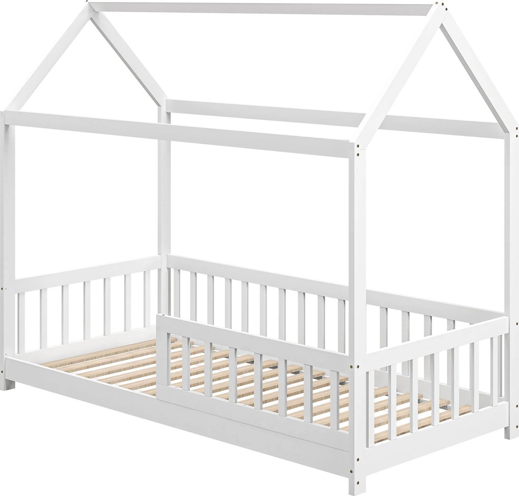 HOMCOM Montessori Gyermekház Ágy, 90x190 cm, Gyerekágy Házforma 15 Ráccsal, Fenyőfából Készült Váz és Védőkorlátok, Fehér | Aosom