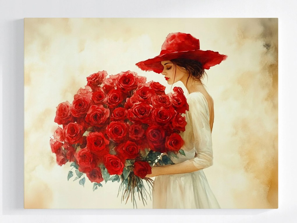 Canvas Vászonkép Nő Piros Kalapban Rózsákkal 100x75
