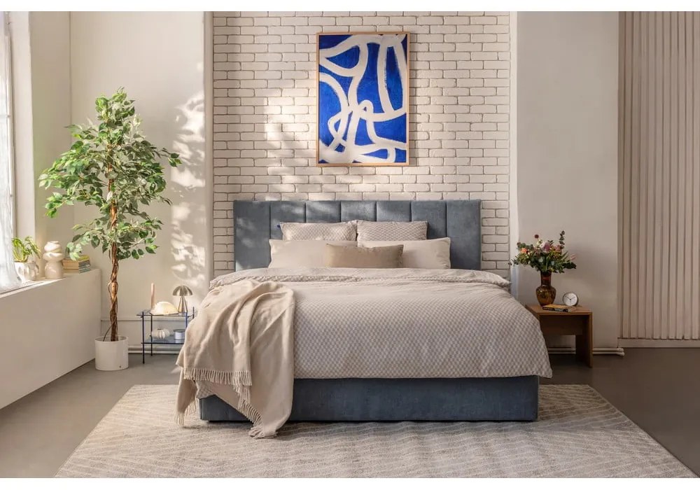 Kék kárpitozott ágyneműtartós franciaágy matraccal, ágyráccsal 180x200 cm Thessa Bold Line – Bonami Selection