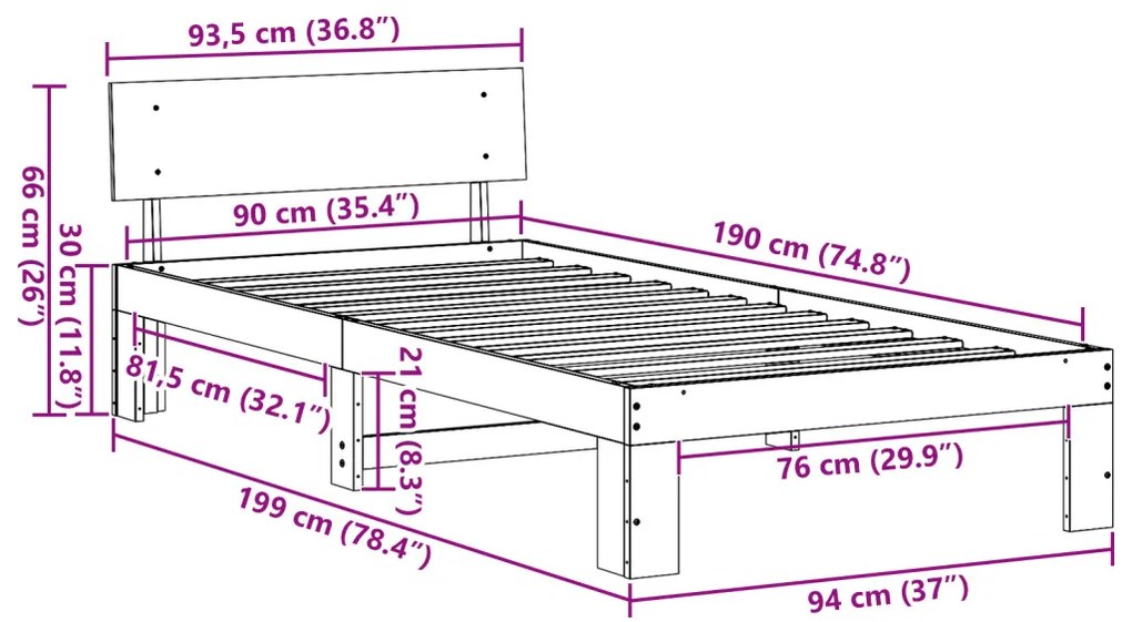 ágykeret fejtámlával Fehér 90x190 cm Tömör fenyőfa