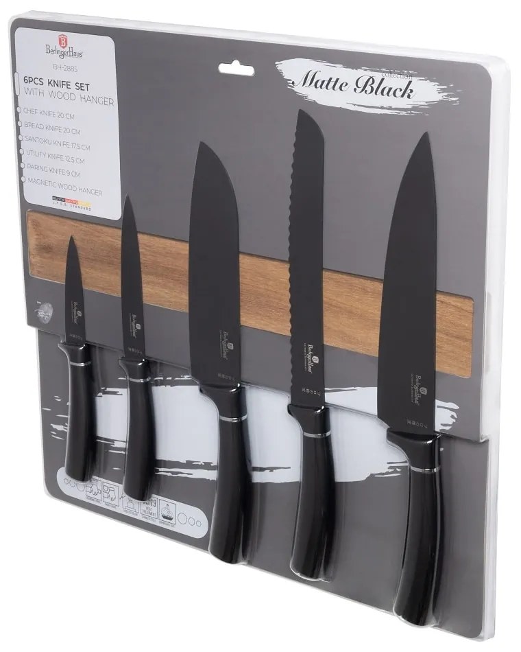 Matt fekete 6 részes rozsdamentes acél késkészlet akácfa mágneses akasztóval Berlinger Haus Matte Black