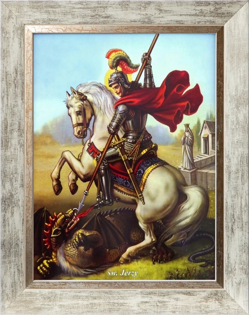 Szent György Vallásos Vászonkép Díszített Fehér Keretben 30X40