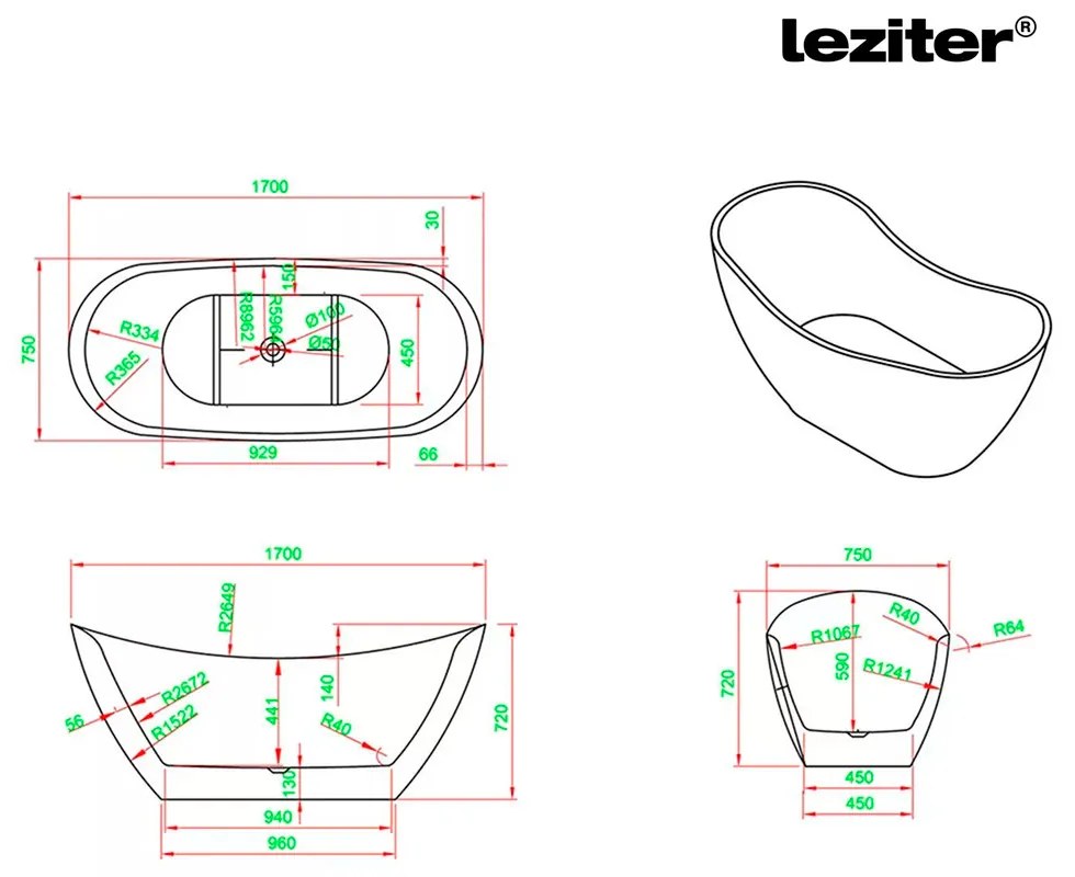 Flow szabadon álló fürdőkád 170x75x72 cm fekete