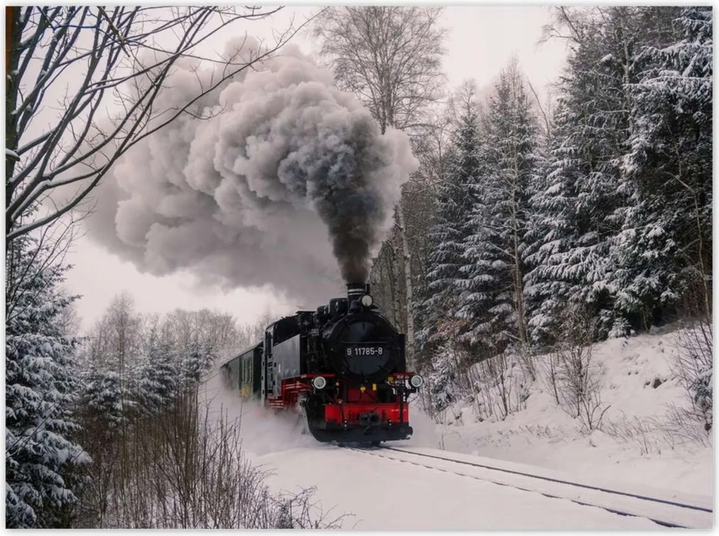 Poszterek 135x100 Mozdony téli tájképben