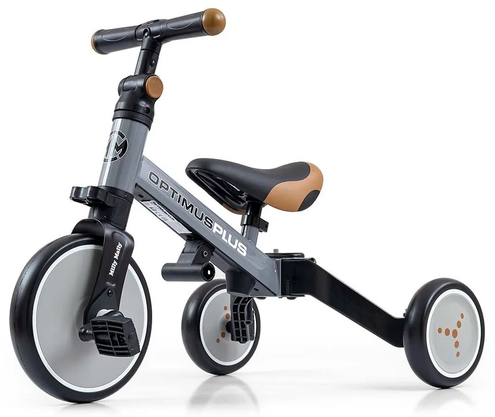 Gyerek háromkerekű bicikli 4az1-ben Milly Mally Optimus Plus tolókarral grey