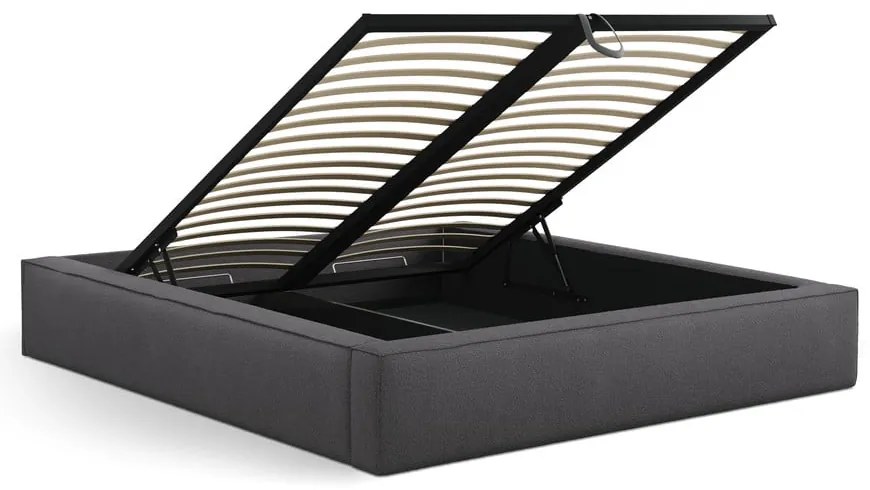 Sötétszürke kárpitozott ágyneműtartós franciaágy ágyráccsal 140x200 cm Simon Olivia – Micadoni