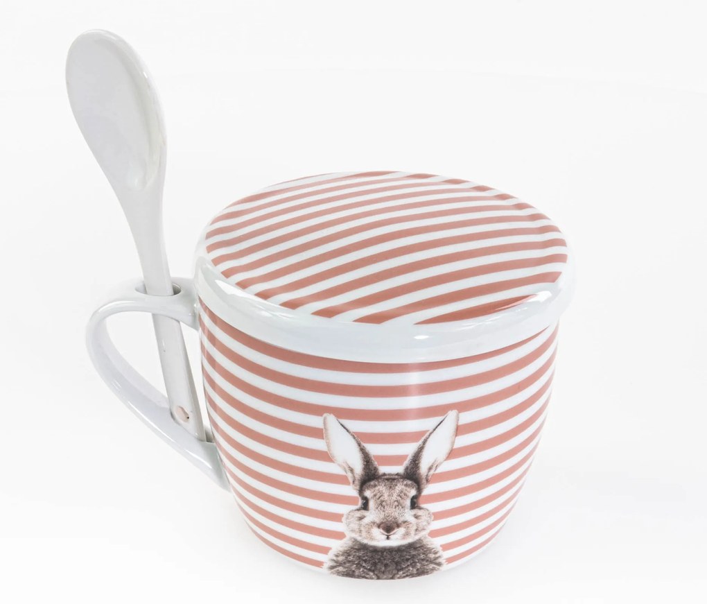 Fluffy bögre fedővel és kanállal, porcelán, nyuszi mintás, 600 ml