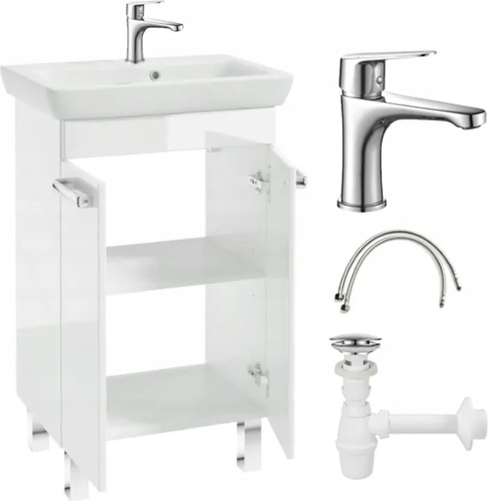 Lakkozott álló fürdőszobaszekrény mosdóval 55x80cm csaptelep szifon