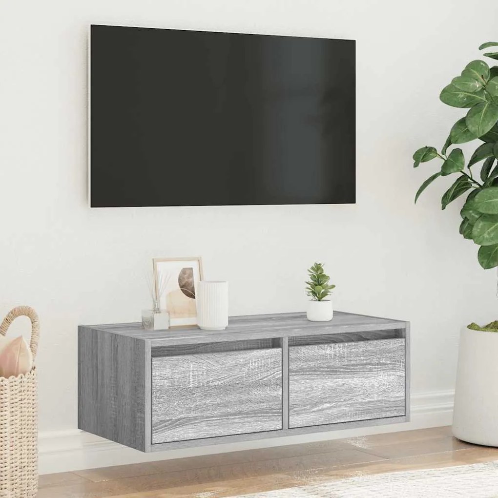 TV-szekrény LED-es világítással szürke sonoma 75x35,5x25 cm