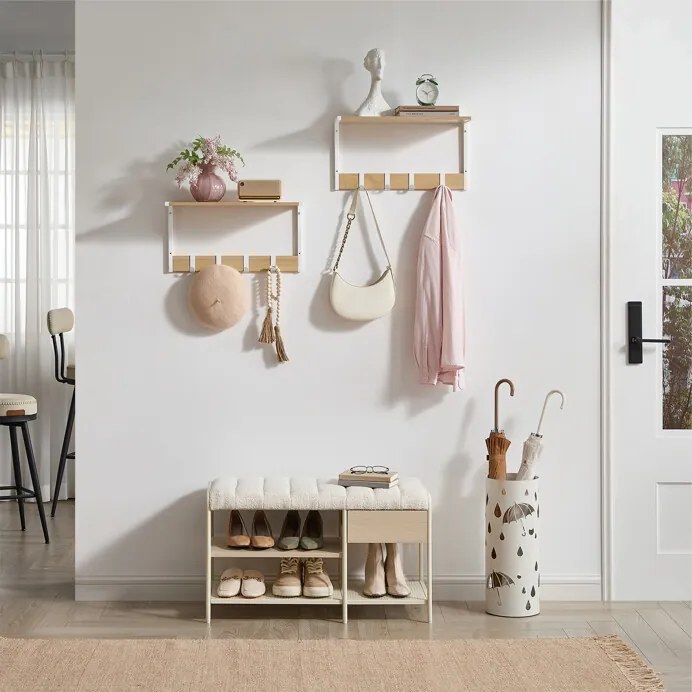 2 db fali polc szett, MDF + fém, tölgy/fehér színben, 50×24×27 cm – ABP-E1083 WT