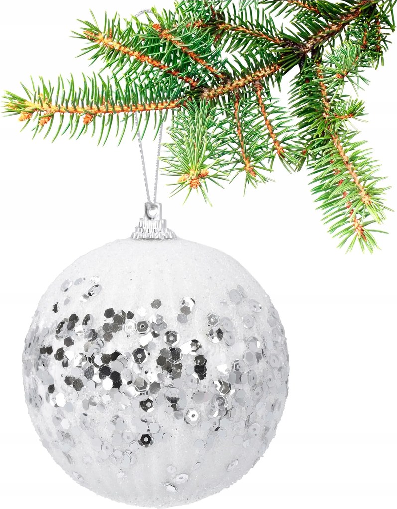 Karácsonyfadísz flitterekkel fehér-ezüst 10 cm díszített dísz nagy