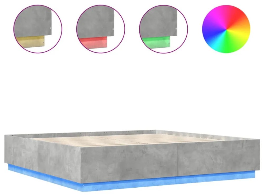betonszürke szerelt fa ágykeret LED-világítással 200 x 200 cm
