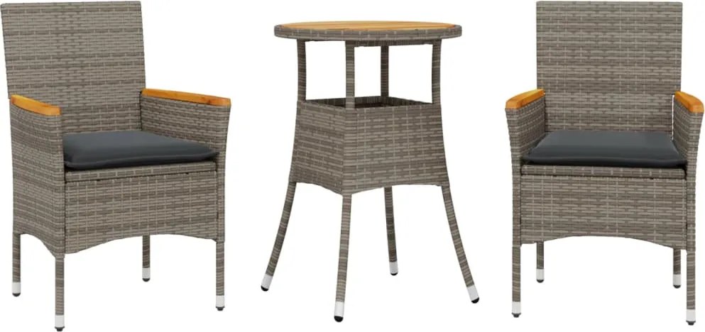 vidaXL 3részes szürke polyrattan/akácfa kerti étkezőgarnitúra párnával