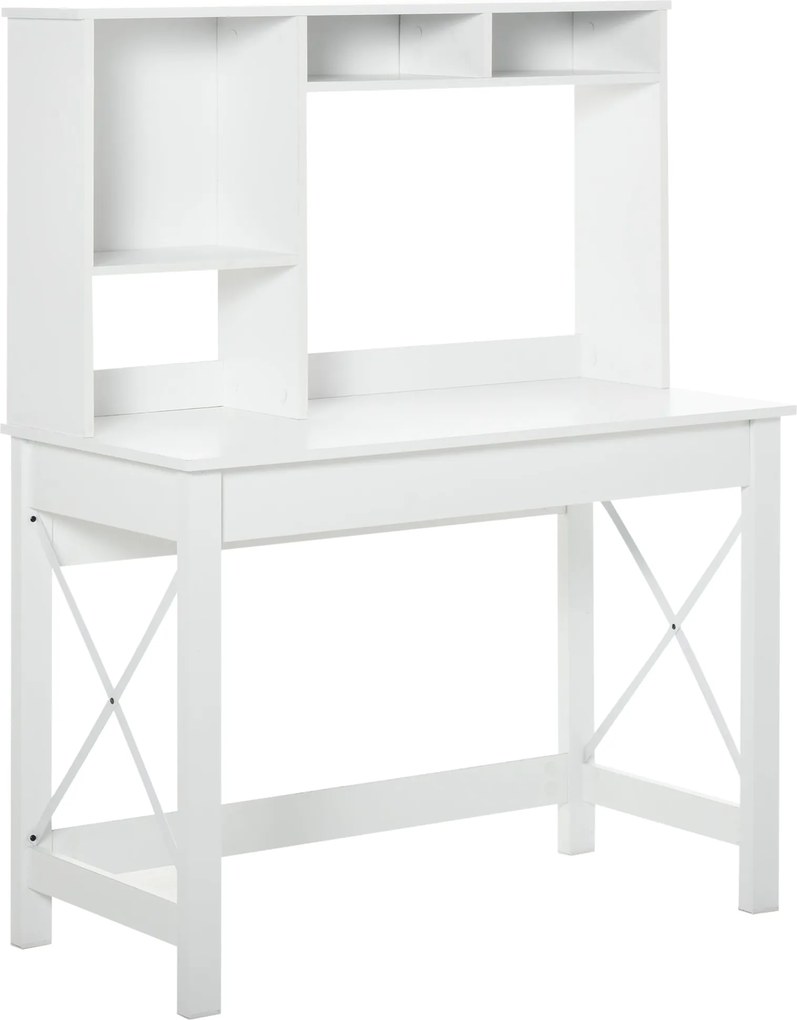 HOMCOM Tárolós Íróasztal, Könyvespolc, Modern Fa Íróasztal Polccal és Nagy Írófelülettel Kis Terekhez, 105 x 50 x 137,5 cm, Fehér | Aosom