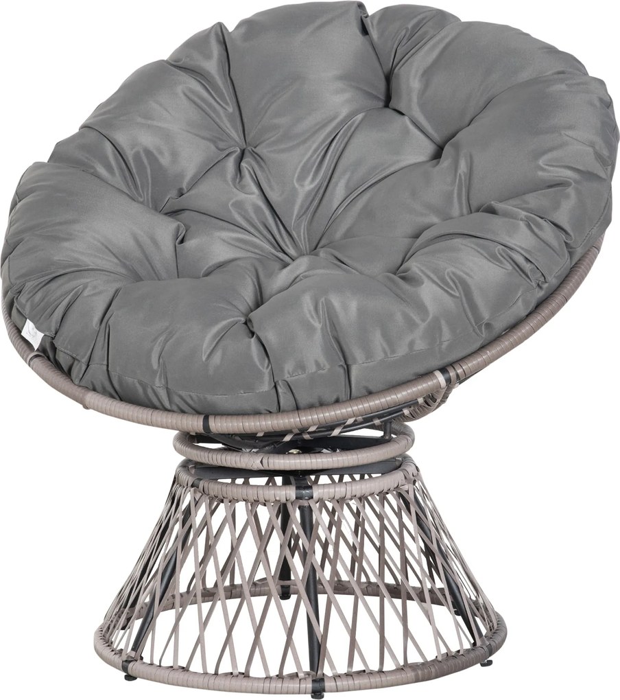 Outsunny Műratán Forgós Papasan Szék Ovális Wicker PE Szék Párnával és Acél Kerettel, 160 kg Teherbírás, Kert, Terasz 87x97x86 cm Szürke | Aosom