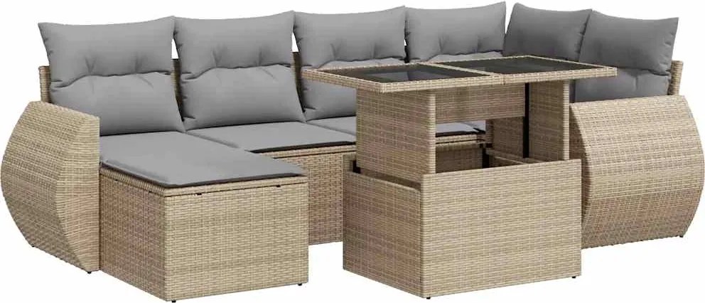 vidaXL 7 részes bézs polyrattan kerti ülőgarnitúra párnákkal