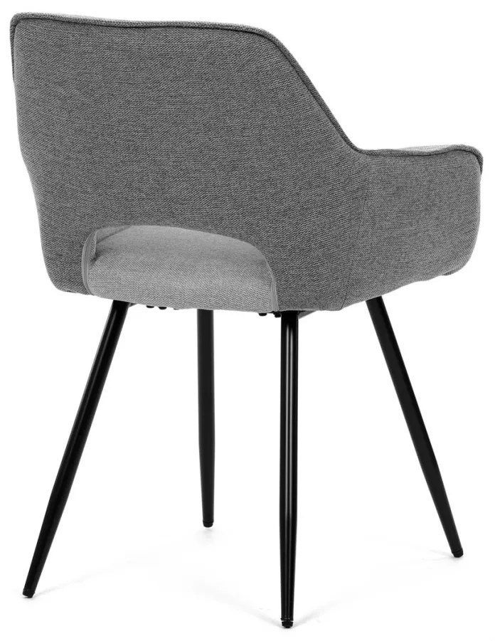 Scaun de sufragerie modern, în stil industrial, tapițerie din material gri, picioare din metal negru.