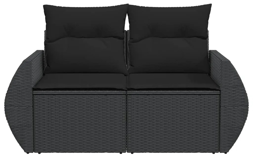 2 személyes fekete polyrattan kerti kanapé párnával