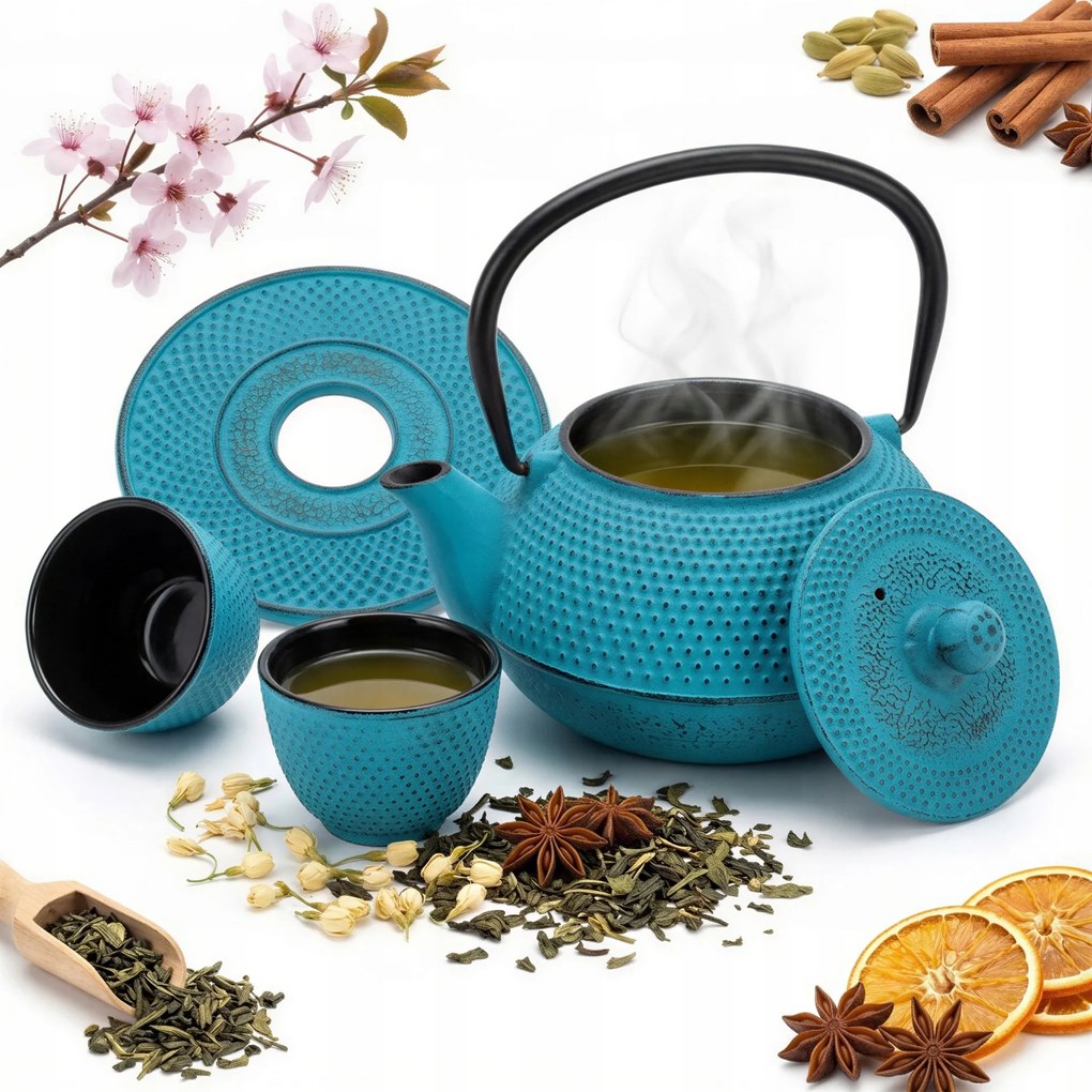 Öntöttvas Vízforraló 1,5L Teáskanna 2x Csésze Teafőző Alátét +szűrő