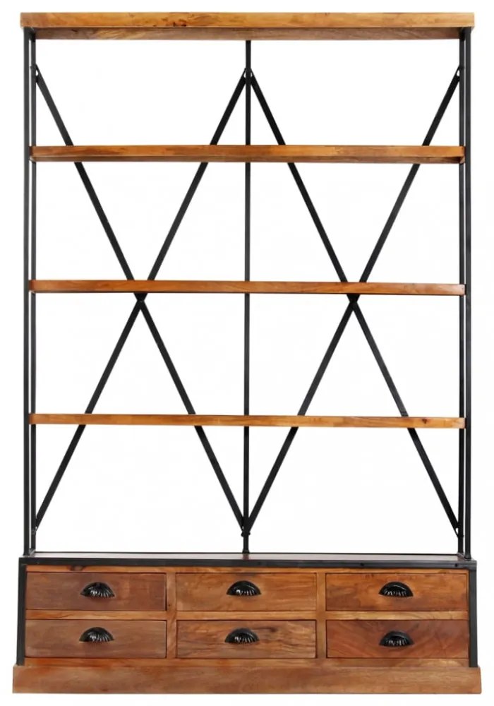 4-szintes tömör mangófa könyvespolc 6 fiókkal 122 x 36 x 181 cm