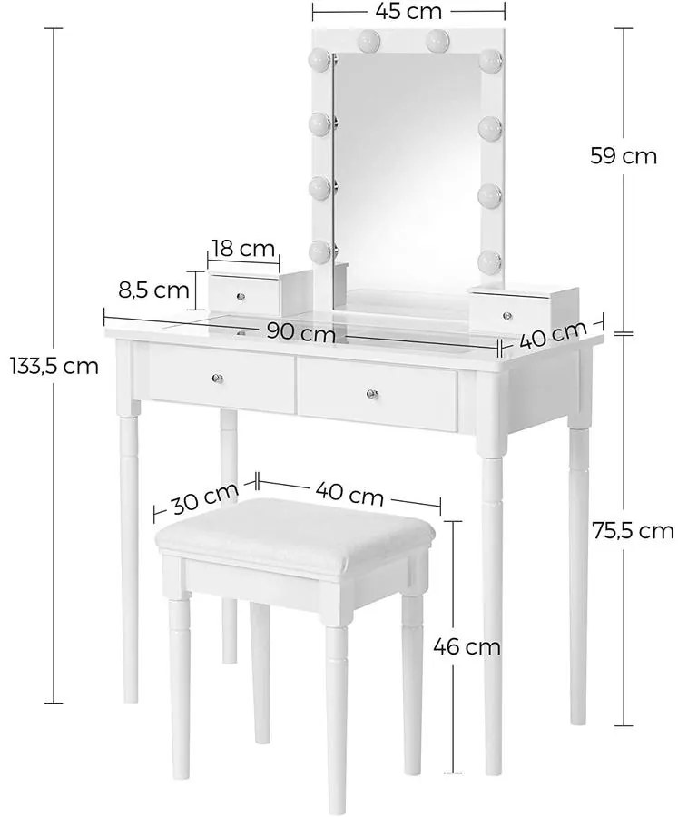 fésülködőasztal szett, 90 x 133,5 x 40 cm, fehér