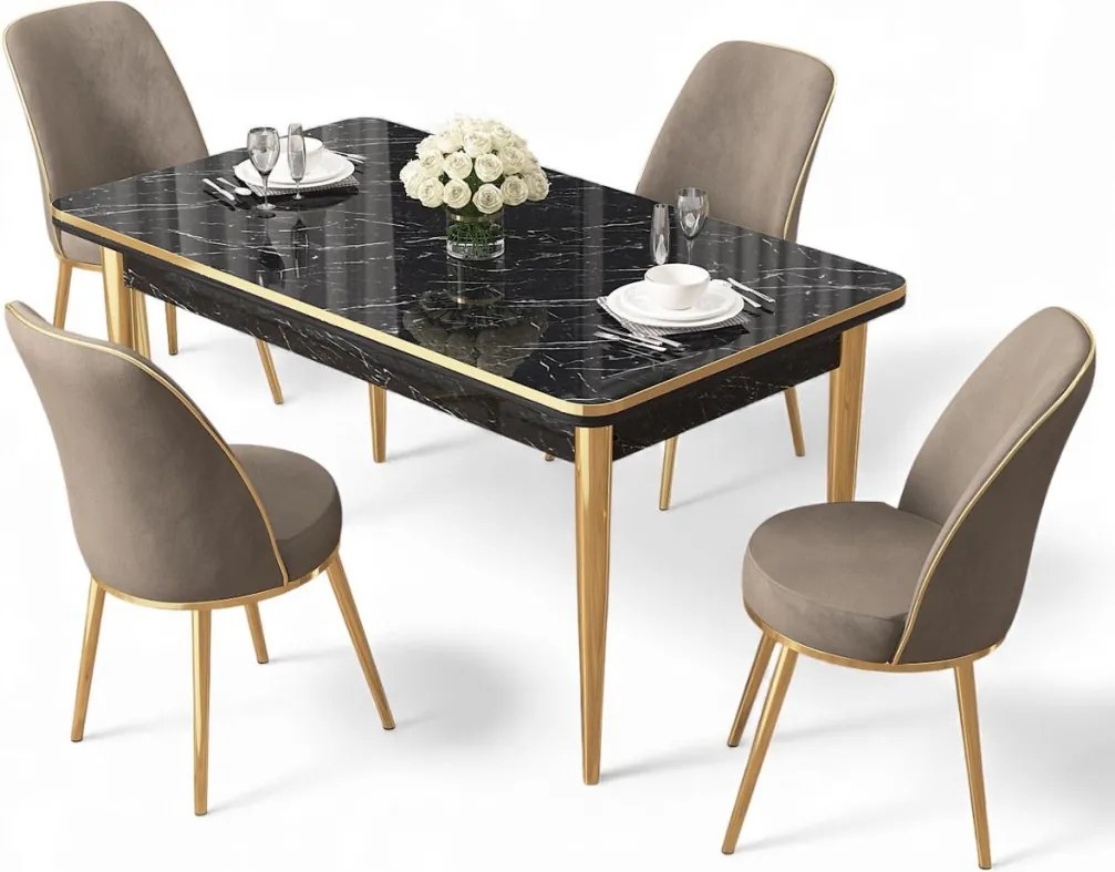 Rewa étkezőgarnitúra, fekete márvány-arany, 110 cm – TR240CHR3047