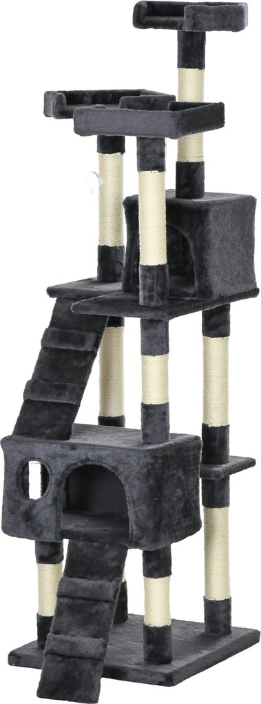 PawHut Macskakaparó Fa Nagy, 49x49x173 cm Több Szinttel, Barlangokkal, Lépcsőkkel, Függő Játékokkal és Ágyakkal | Aosom