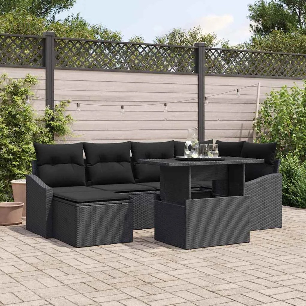 vidaXL Kerti Kanapé Szett 7 pcs Fekete Poli rattan, porfestett acél