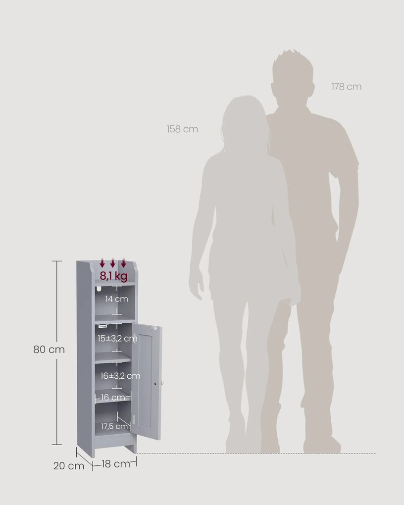 Keskeny fürdőszobai álló tárolószekrény 20x18x80cm, szürke