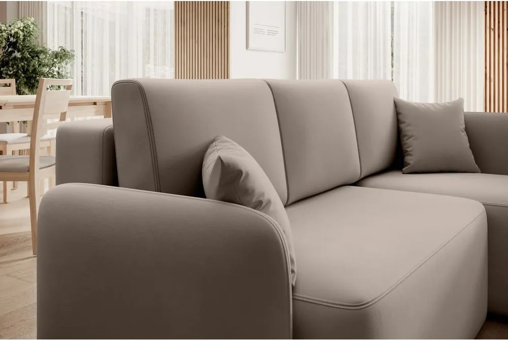 Bézs bársony kinyitható-tárolóhelyes sarokkanapé (jobb oldali-heverő résszel) Hadson – ELTAP