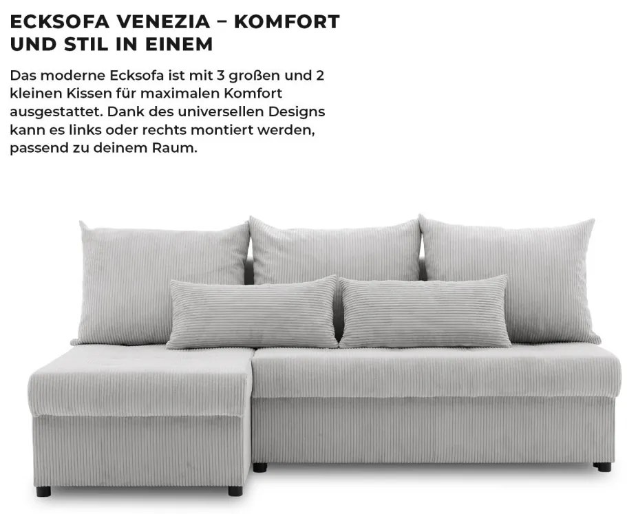 Venezia sarokkanapé, kordbársony, univerzális oldal, hab töltet, szürke