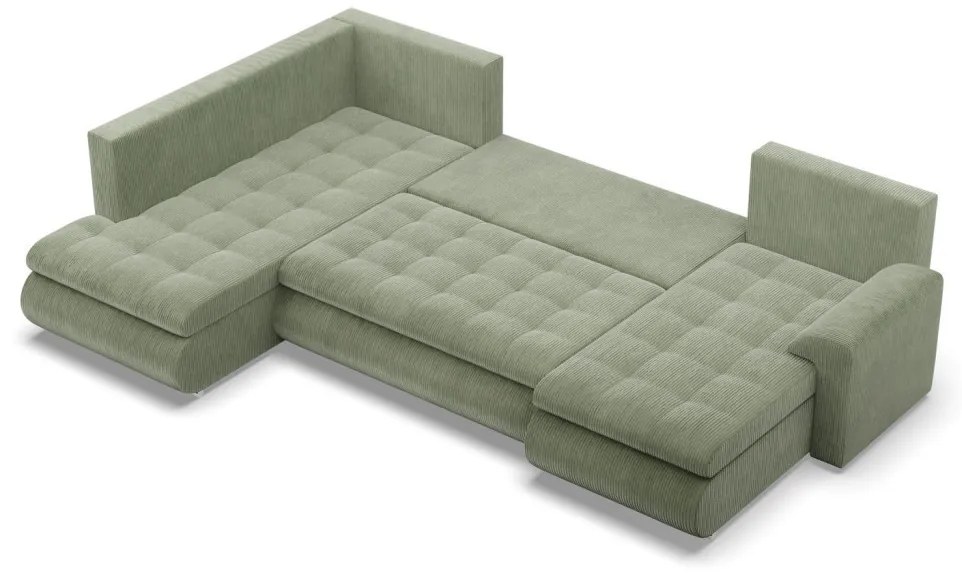 Tokio U sarokkanapé, 3 ágyneműtartóval, kordbársony, baloldali, zöld
