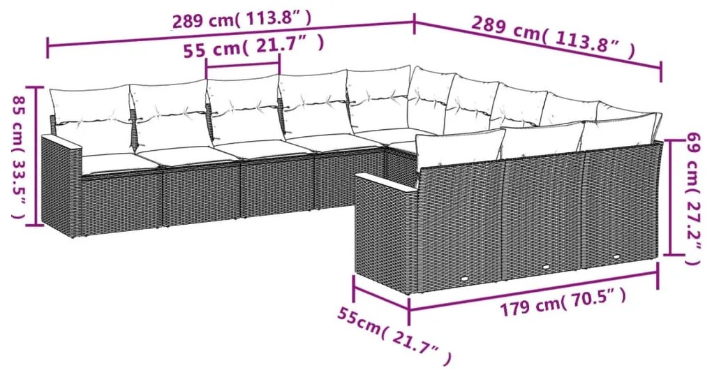 11 részes fekete polyrattan kerti ülőgarnitúra párnákkal