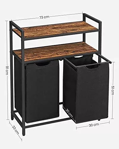 Szennyestartó, polccal kihúzható és levehető ruhatartó zsákkal 2x46L, rusztikus fekete.