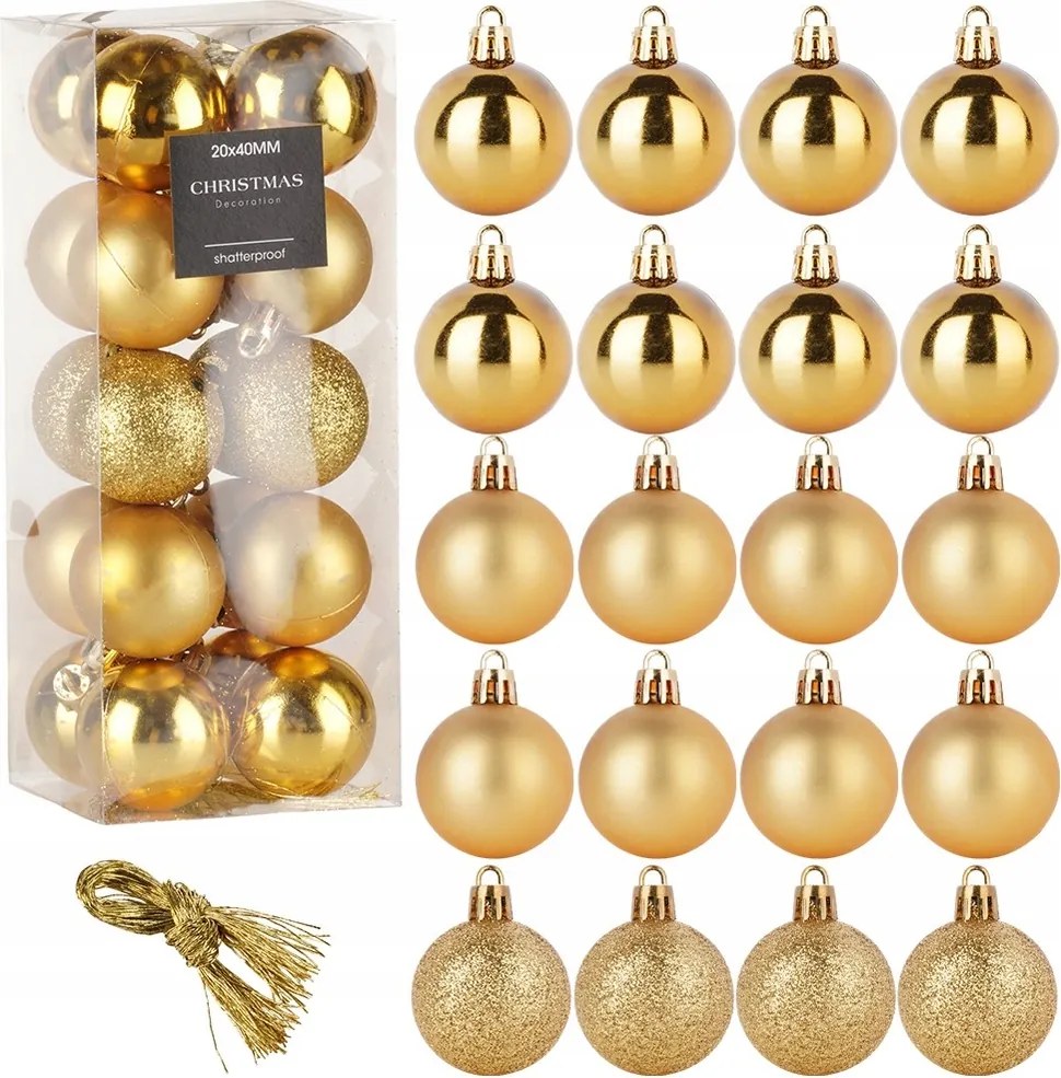 20 db Törésbiztos karácsonyfadísz, arany színű karácsonyfadísz szett