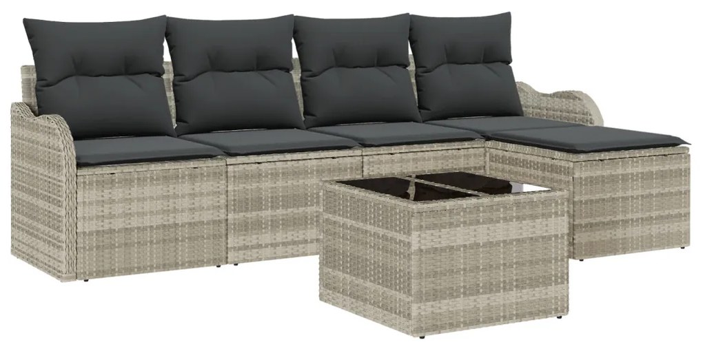 6 darabos kerti kanapé szett párnákkal, szürke poli rattan, 2 személyes kerti kanapé párnákkal, világosszürke poli rattan