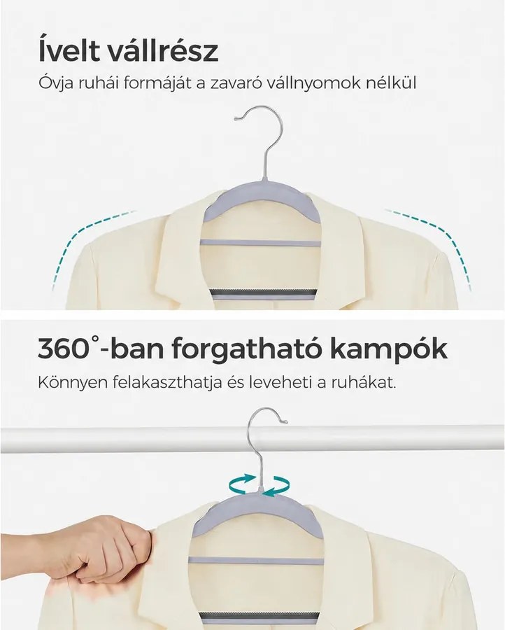 Csúszásmentes nagy teherbírású műanyag vállfák 50 db-os csomag, világos és sötétszürke