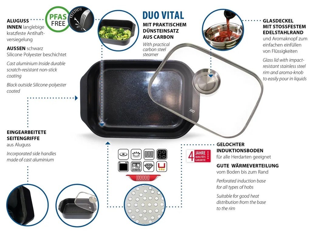 Elo 89940 Sütőedény üveg fedéllel és aromafogantyúval Duo Vital 40 x 26 cm