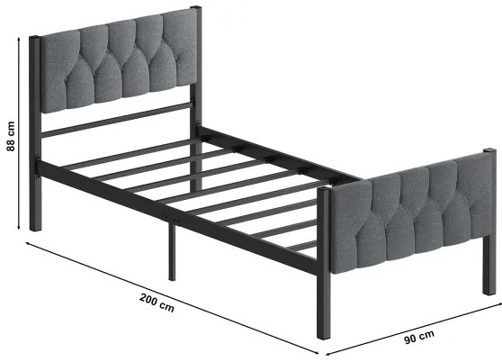 KAROM fém egyszemélyes ágy 90x200 cm, szürke, teherbírás 120 kg