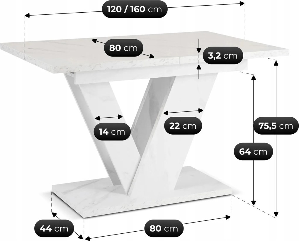 Bővíthető étkezőasztal 120–160 cm fehér márvány hatású kivitelben - CLARK