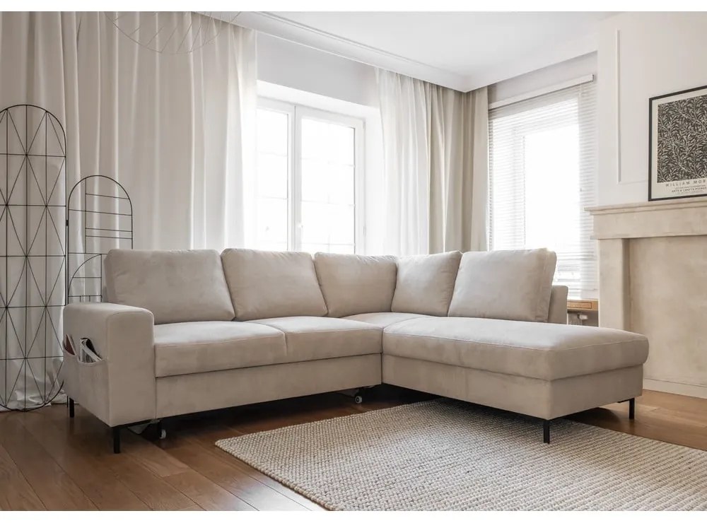 Bézs kordbársony kinyitható sarokkanapé (jobb oldali) Lofty Lilly – Miuform