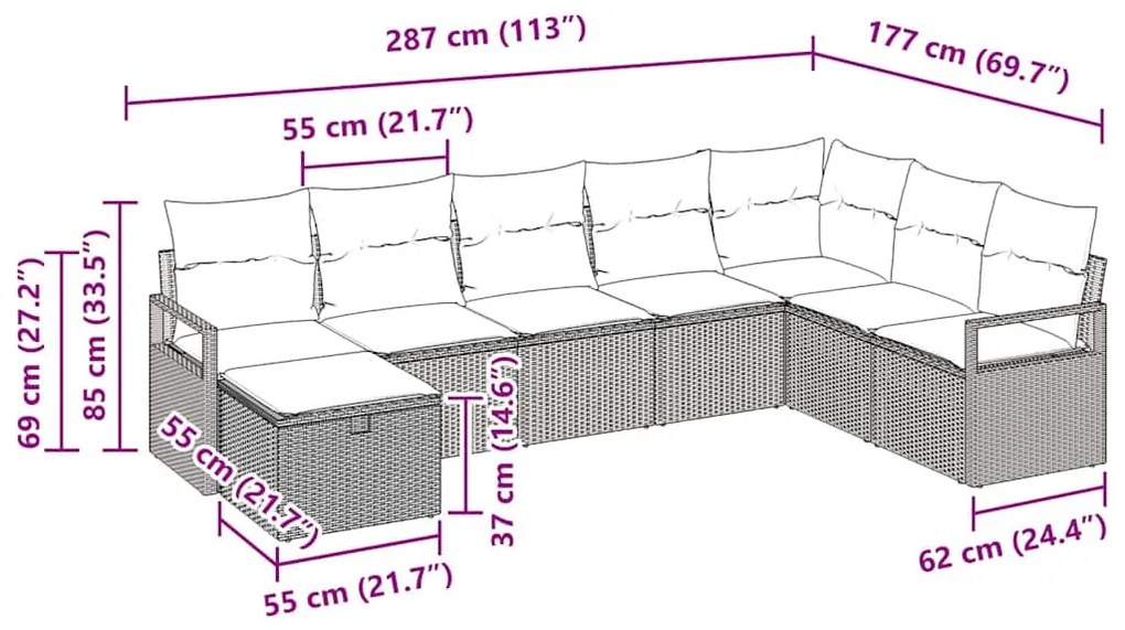 Kerti Kanapé Szett 8 pcs Szürke 287 x 177 x 85 cm Poli rattan