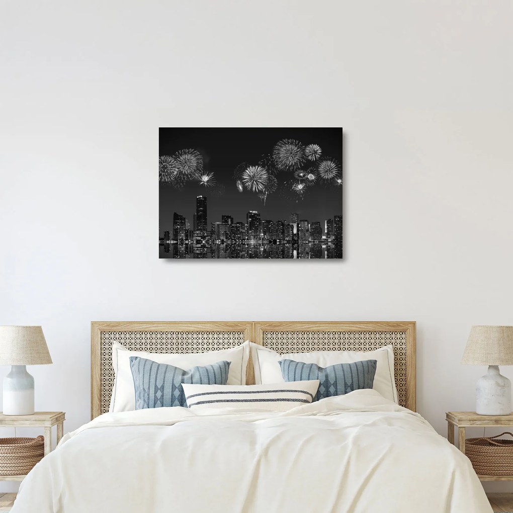 Kép - tűzijáték Miamiban, fekete és fehér (üvegen) (70x50 cm)