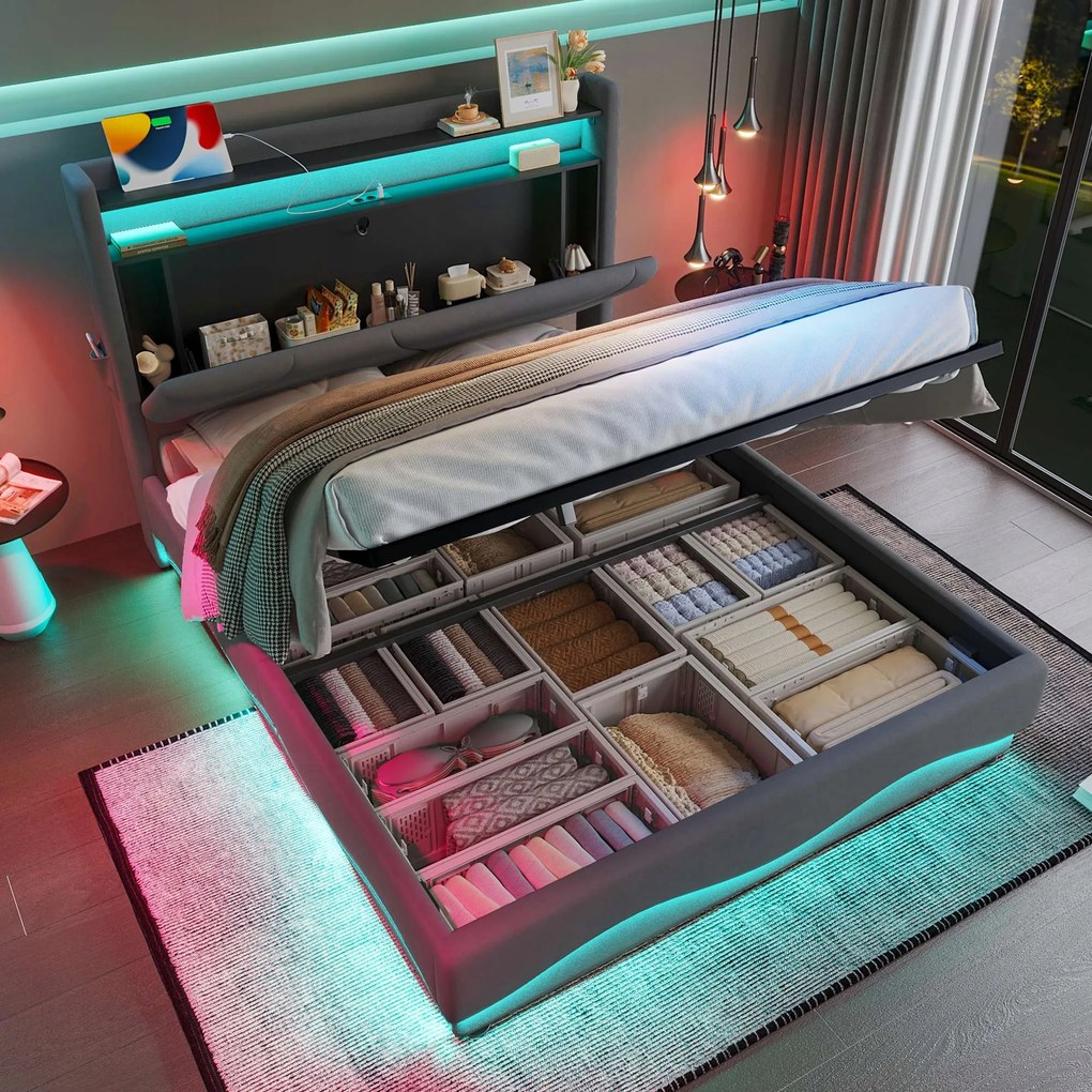 Kárpitozott ágy Hidraulikus franciaágy 160x200cm Led Usb polc