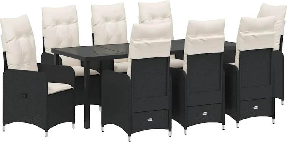 vidaXL Kert étkező szett párnával 9 pcs Fekete polirattan