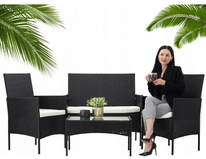 Aldotrade GardenLine rattan kerti szett, fekete + krémszínű karfák